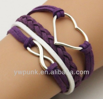 Supply DIY fashion handmade lots silver thwartwise LOVE heart infinite 8 sign bracelets braided China celebrity purple jewelry