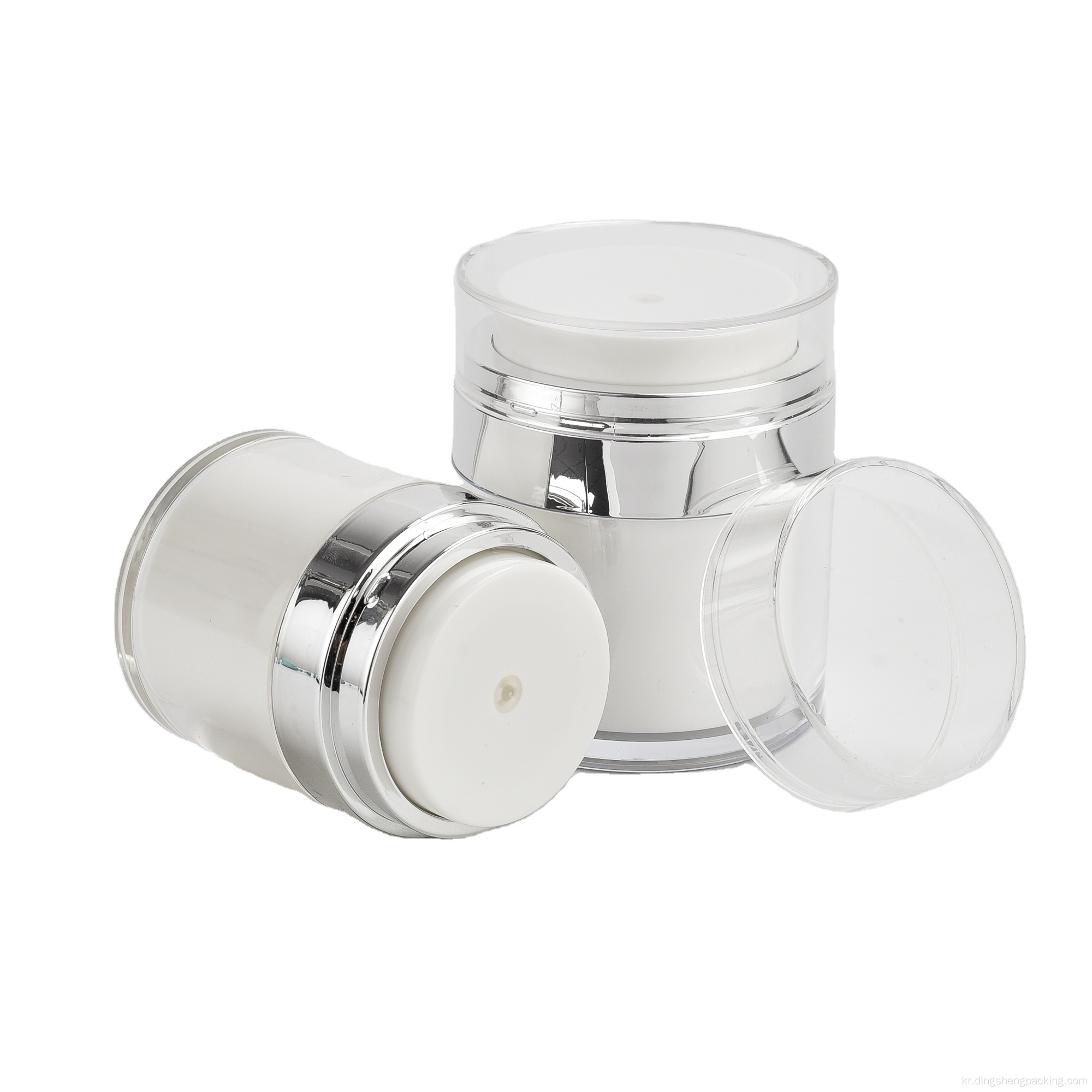 새로운 디자인 15ml Airless Jar Silver Airless Cosmetic Jars 30ml 50ml 화이트 펌프 로션 용기