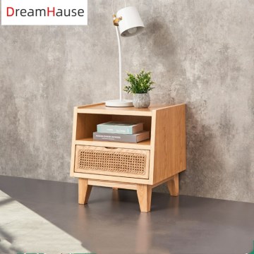 Modern Rattan Solid Wood Bedside Table - Nordic Storage Cabinet