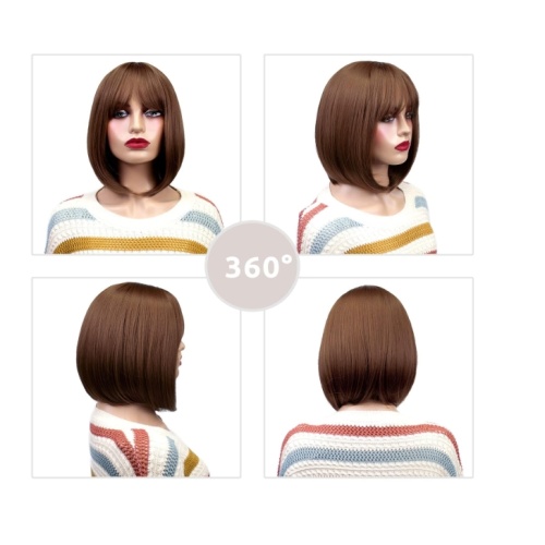 Aisi Hair Heat Resistant Fiber Straight Short Hair Bob Wigs with Neat Bangs Grey Mixed Black Short Bob Wigs for Women