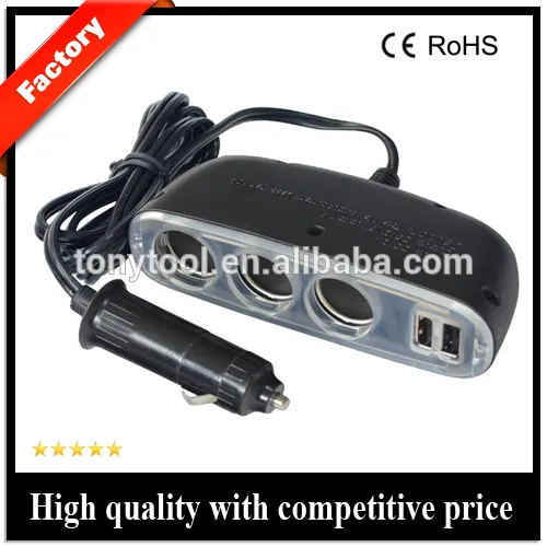 3-Socket Cigarette Lighter Adapter DC Outlet Splitter 2-Port USB Car Charger