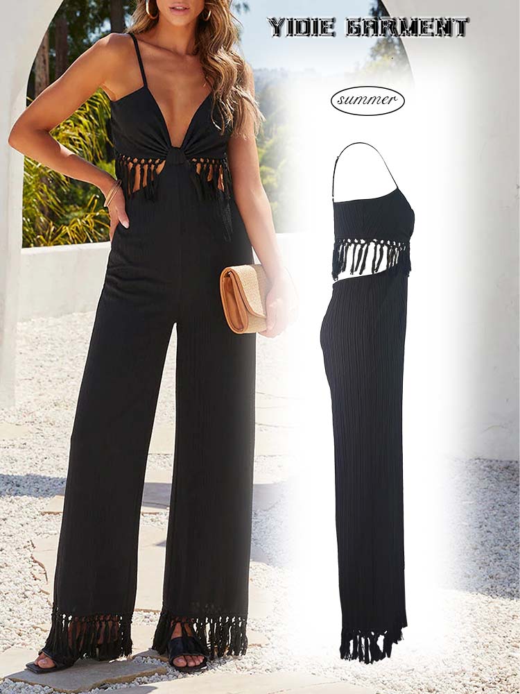 Black Tassel Fringes Open Back Wide Leg Jumpsuit