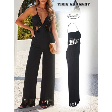 Black Tassel Fringes Open Back Wide Leg Jumpsuit