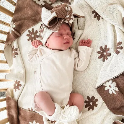 Chocolate Pink Floral Daisy Chunky Knit Swaddle Blanket and Topnot Set