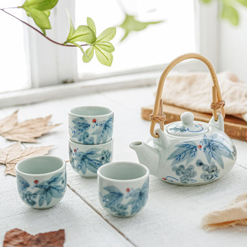 Elegant Modern Japanese Ceramic Teapot Set with Bamboo Handle and Floral Design