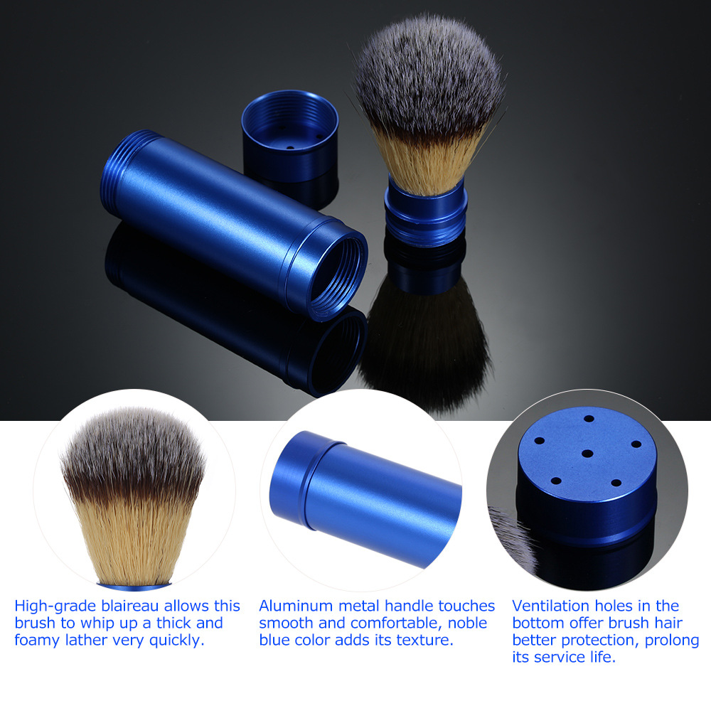 Synthetic Badger shaving brush, portable blue travel style, aluminum alloy handle foam brush, suitable for men's close-fitting w