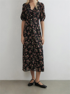 V-Neck Floral Polyester Bubble Sleeved Long Skirt