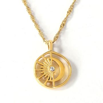 Perhiasan Membuat Bekalan: Kalung Loket Sun Moon di 18K Gold Plated Stainless Steel Chain untuk Wanita