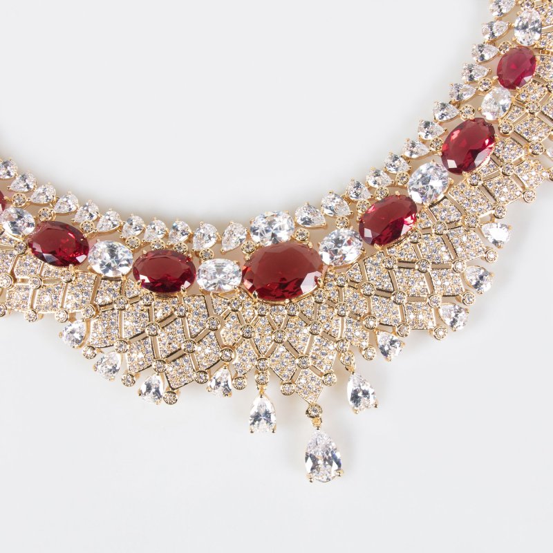 Oval Teardrop Fringe Collar CZ Bridal Necklace Earring Set