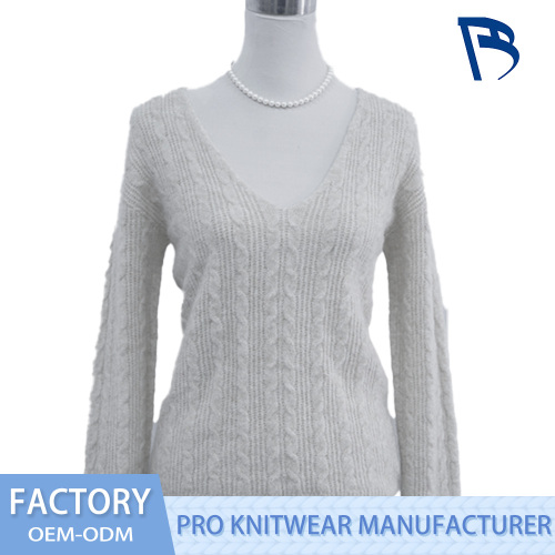 Pulover din tricot cablu cu decolteu în V caise bej