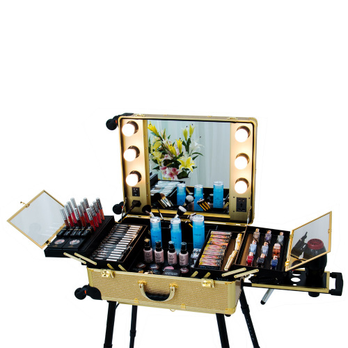Professional Gold Travel Cosmetic Bag Makeup Case with Lights Mirror