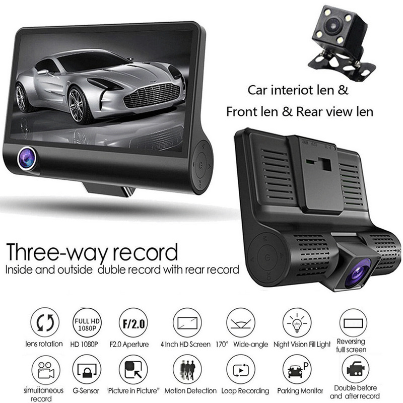 4 inch HD 1080P 3 Lens Car DVR Dash Cam Vehicle Video Recorder Rearview Camera 170 Degree