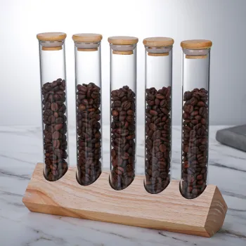 Wooden Coffee Bean and Tea Display Rack with Cork Sealed Storage