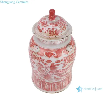 Jingdezhen Red Glazed Lion Head Vase with Hand-Painted Phoenix and Flower Pattern