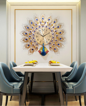 Light Luxury Art Decor Metal Peacock Wall Clock for Living Room
