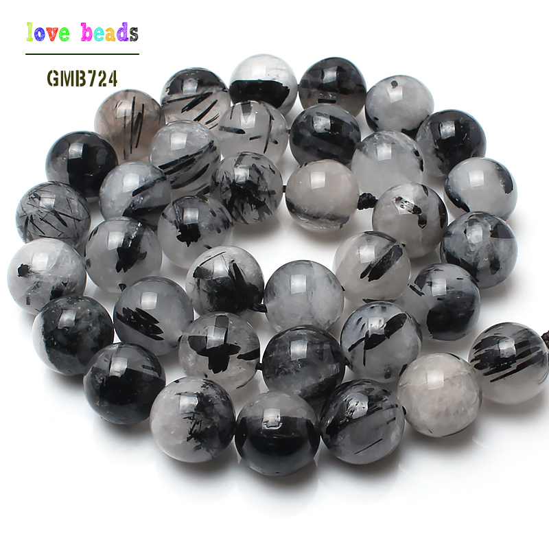 natural stone beads black quartz rutilated round stone beads for jewelry making 15inches/strand 6/8/10/12mm