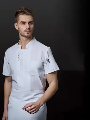 Small Grid Embroidery Chef Coat for Kitchen and Restaurant Work