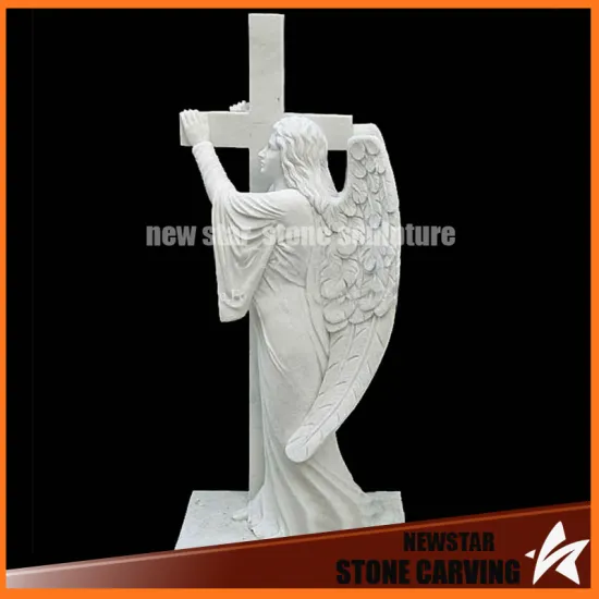 White Granite Tombstone with Cross Artangel for Graveyard Ts005