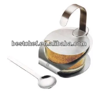 Sugar bowl/Cheese jar with cover and handle stainless steel & glass