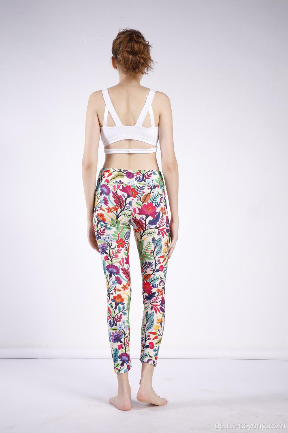 Damen Floral Printed High Waist High Elastic Leggings