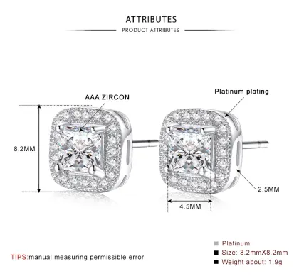 Halo Stud Earrings 18K White Gold Plated Waterdrop Square Brillant Cut Earrings