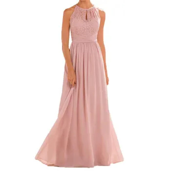 Modern Black Chiffon Halter Backless Long Lace Pleated Bridesmaid Dress - Cheap Summer Party Gown