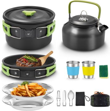 Set di pentole da campeggio - Kit di cottura da 16 pezzi con pentole, padelle, tazze, piatti, forchette, coltelli e cucchiai