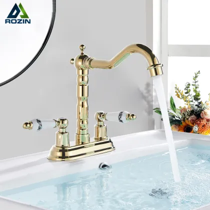 Rozin Gold Basin Faucet: Dual Ceramics Handle Widespread Bathroom Faucet