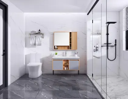 White plywood bathroom mirrored cabinet with ceramic basin