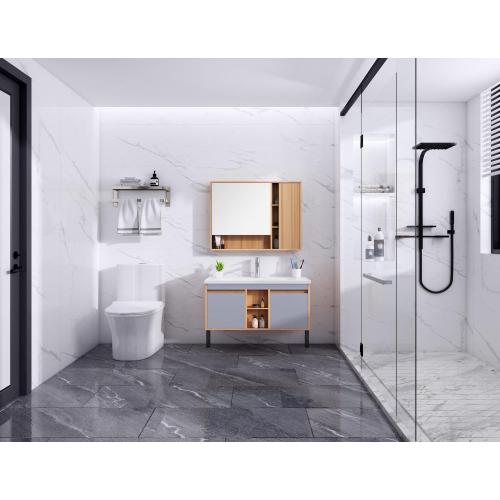 White plywood bathroom mirrored cabinet with ceramic basin