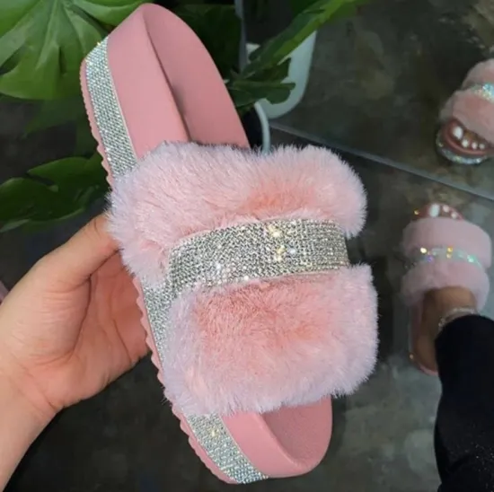 Faux Fur Women's Shoes: Glamorous Platform Diamond Slides with Rhinestones, Thick Sole, and Bling Slippers for Outdoor Use