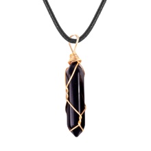 Black Obsidian Hexagonal Pointed( 8x32mm) Pendant Wrapped Gold Wire Necklace 45cm Black Cord