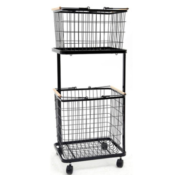 Japanese-Style Simple White Double-Layer Wrought Iron Laundry Basket with Wheels