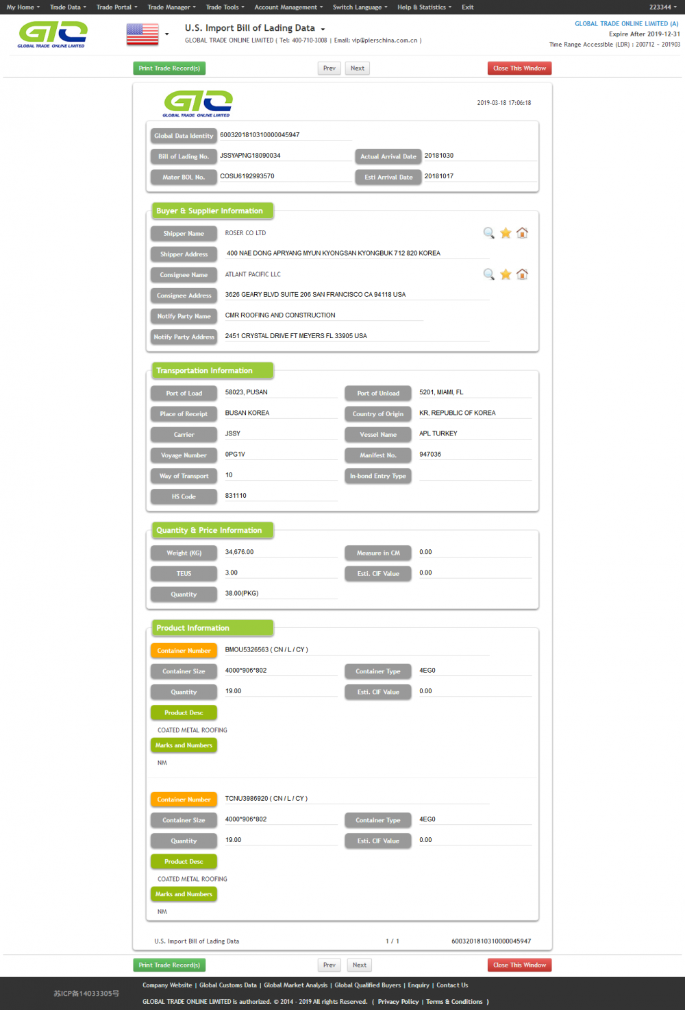 Muestras de datos comerciales para METAL RECUBIERTO