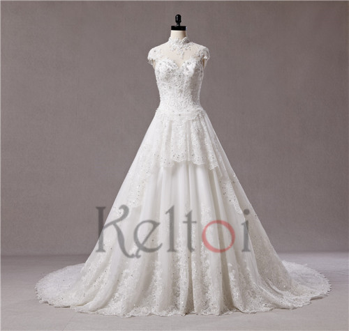 luxury high neck open back ball gown wedding dress with butterflies and crystal beads