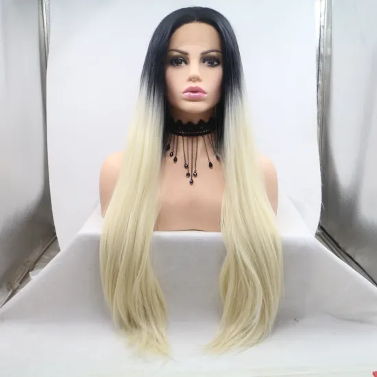 Vigorous blonde ombre long straight premium high quality wholesale black women synthetic hair wigs with lace front