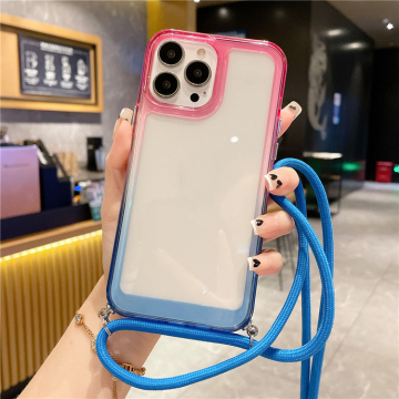 Gradient Rainbow Frame Clear Phone Case with Crossbody Necklace Lanyard for iPhone 16/15/14/13/12/11 Pro Max