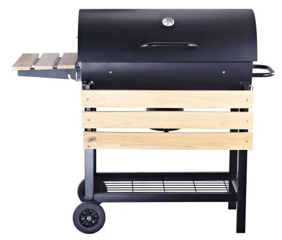 Heavy Duty Trolley Offset Smoker Charcoal BBQ Grill Outdoor with Foldable Wooden Shelf