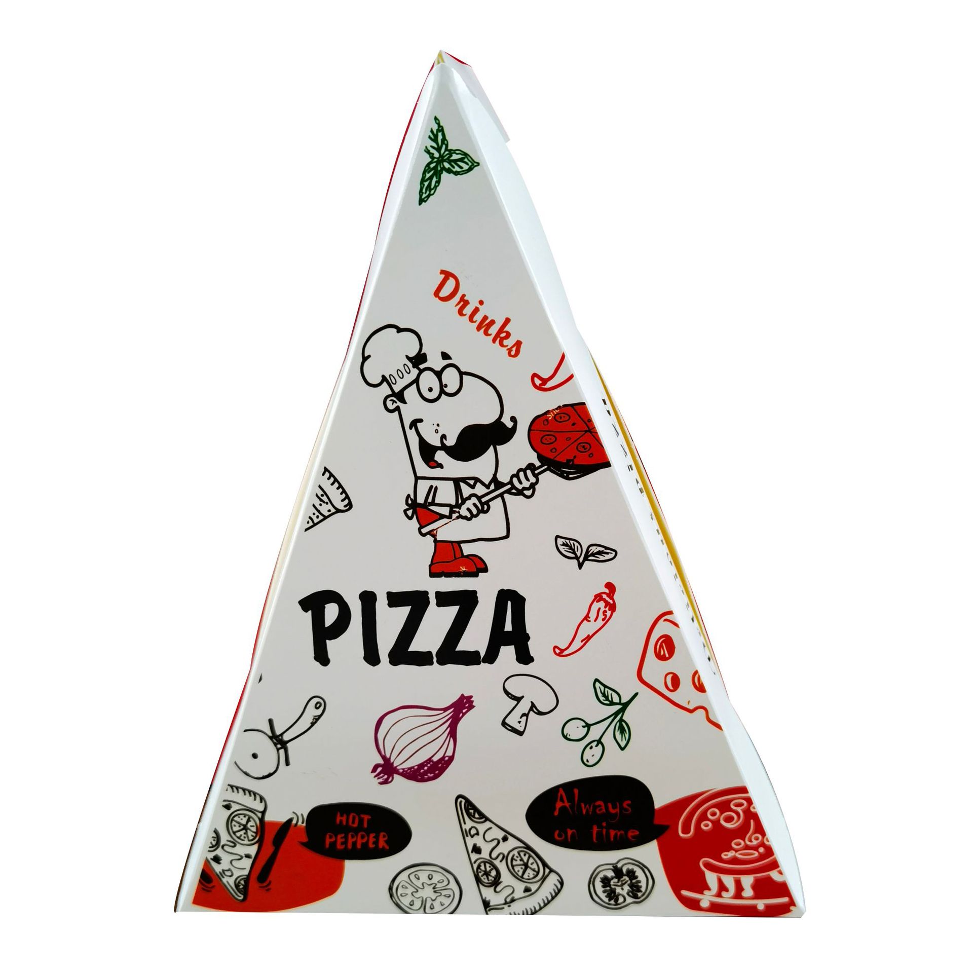 Custom triangular pizza box with logo food packing The triangular pizza box is made of food grade white cardboard material, which can directly contact food and ensure food safety. We can customize logos with rich colors and clear printing. The pizza box is made of thickened material, it has strong load-bearing capacity, is more sturdy and durable, ensuring product quality. In addition, the triangle shape pizza box also has waterproof, moisture-proof, strong load-bearing capacity and good cushioning functions, which can be used with confidence Product Description Item: Pizza box Usage: take away food, pizza, chicken nuggets, cupcake, bread, etcFood, etc. MOQ: 500pcs (The larger the quantity, the cheaper the individual price.) Size: custom Logo: custom Material Option: 3 layers corrugated board, etc Sample: 1. Digital Sample time: 3-5 days 2.Sample fee: charge according to product details 3. Send sample: via TNT, UPS, FedEX, DHL, Express Lead time: About 10-15 days (Depends on quantity) Packing: In Standard Export Box Or Customers' Specific Requirements