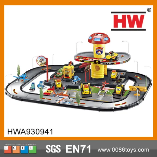 Aircraft parking with 2 construction vehicles play toy kid