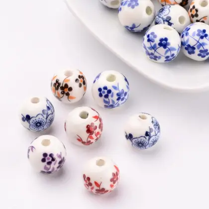 12mm Ceramic Clay Round Flower Printed Porcelain Beads - Pandahall