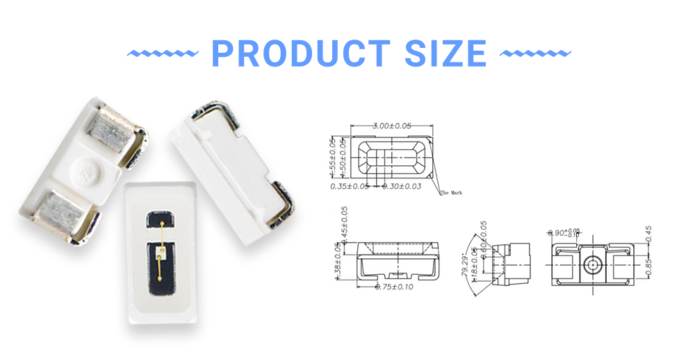 Size of 3015PBC48D2L12 Blue 480nm LED Emitters 3014 Side Emitting LED