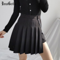 InsGoth High Waist Pleated Mini Skirts Women Harajuku Gothic Solid Sexy Skirts Skirts College Style Punk Chain Patchwork Skirt