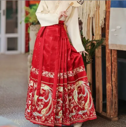 2024 Chinese Style Dian Cui Printed Horse Face Skirt Han Fu Pleated Half Skirt