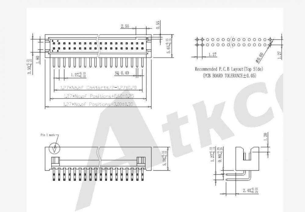 1,27 mm (.050 &quot;) Boxhuvud Dual Row Dip 90 °/Rätt vinkel H = 5,70