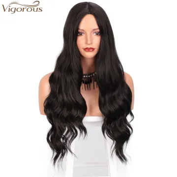 Vigorous Long Wavy Black Color Heat Resistant Synthetic Full Machine Made Wigs For Black Women Middle Part Fiber Hair Wig