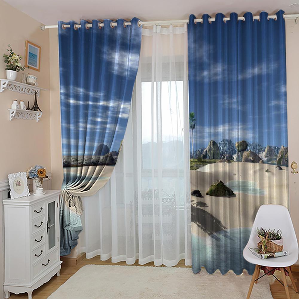 Custom Large Curtains 3D HD Sea View Rock Beach Landscape Background Wall Painting Window Drapes For Living room Bedroom
