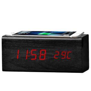 2023 New Design Wooden Table Clock with Wireless Charging and Sound Control