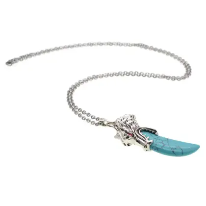 Handcrafted Silver Wolf Head Turquoise Tooth Pendant Necklace with 60CM Chain for Men - Priceless Stone Edition