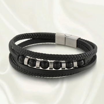 DADA Men's Braided Cow Leather Multi-Layer Stainless Steel Bracelet with Magnet Buckle